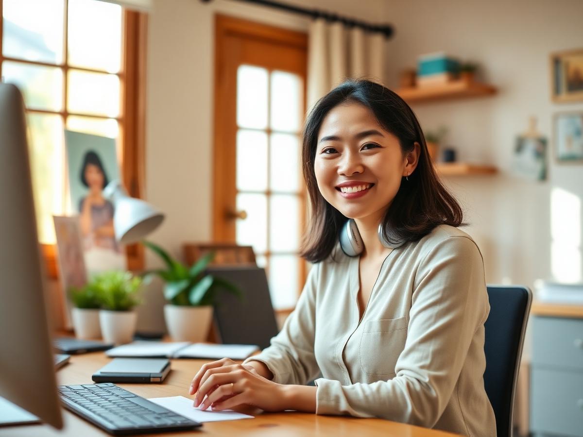 A friendly bilingual speech therapy clinician (speech-language pathologist) in her home office preparing for a telehealth session