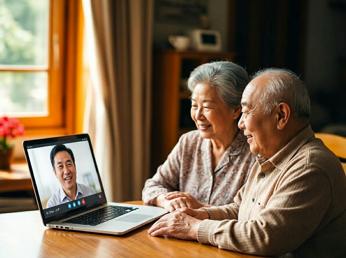 Mr. Li, an elderly Chinese man, and his wife sitting together at home during a Cantonese speech therapy teletherapy session with a Chinese male speech-language pathologist on the laptop screen