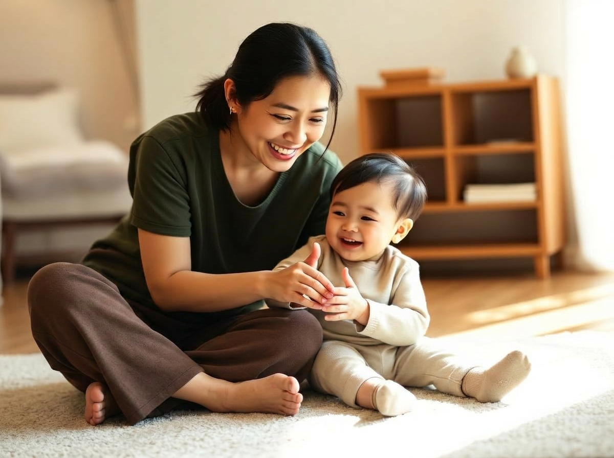 Mother gently coaching a toddler at home during early intervention speech therapy