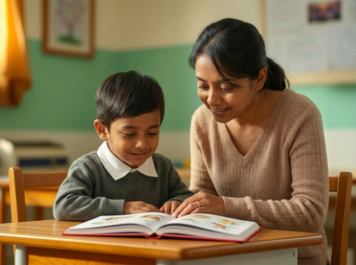 School-age Asian child reading with a caregiver during a speech therapy practice activity